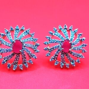 Stunning Red Ruby Center and Diamond Rhinestone Earrings